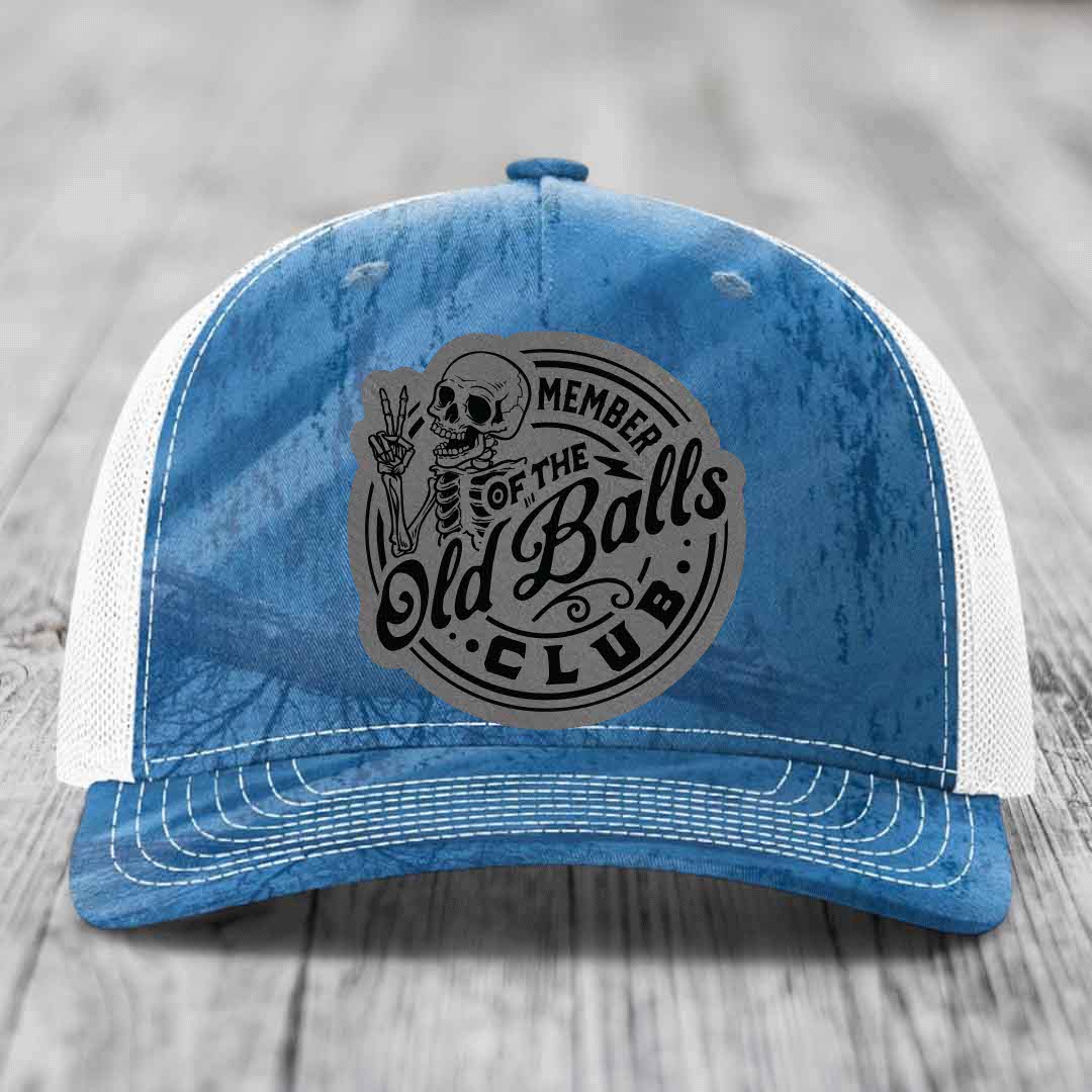 Member of the Old Balls Club - Leather Patch Hat - Grey to Black Patch - Richardson 112PFP Snapback Trucker Hat