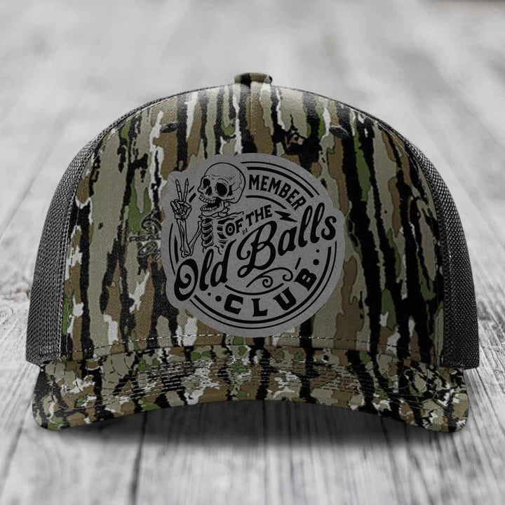 Member of the Old Balls Club - Leather Patch Hat - Grey to Black Patch - Richardson 112PFP Snapback Trucker Hat