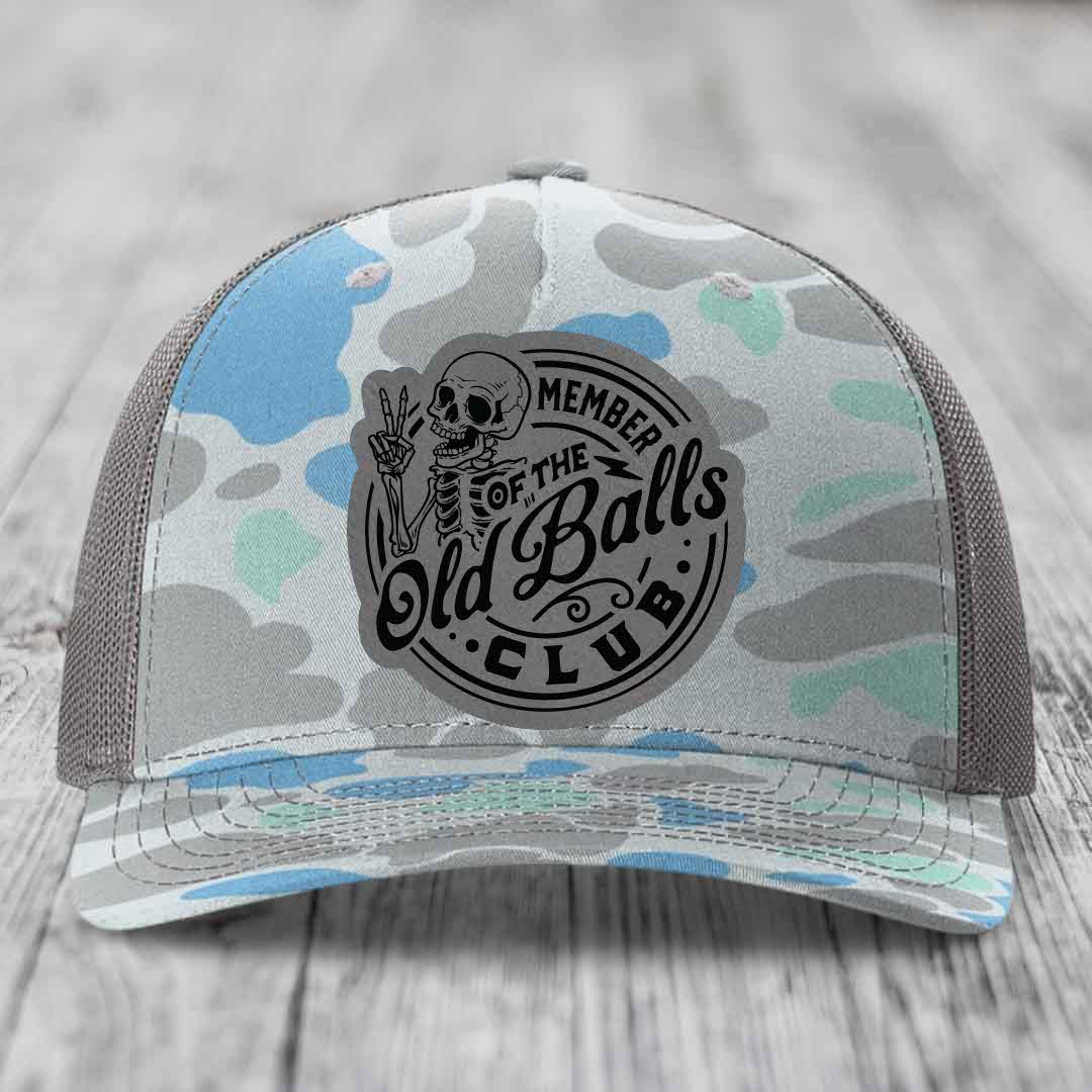 Member of the Old Balls Club - Leather Patch Hat - Grey to Black Patch - Richardson 112PFP Snapback Trucker Hat