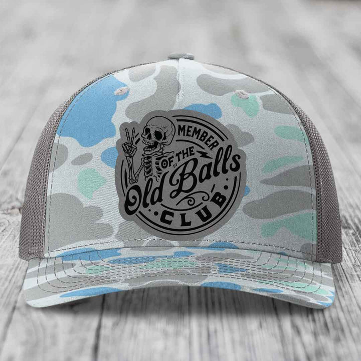 Member of the Old Balls Club - Leather Patch Hat - Grey to Black Patch - Richardson 112PFP Snapback Trucker Hat