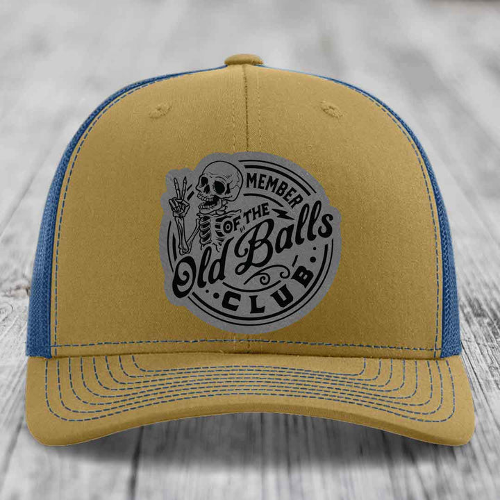 Member of the Old Balls Club - Leather Patch Hat - Grey to Black Patch - Richardson 112 Snapback Trucker Hat
