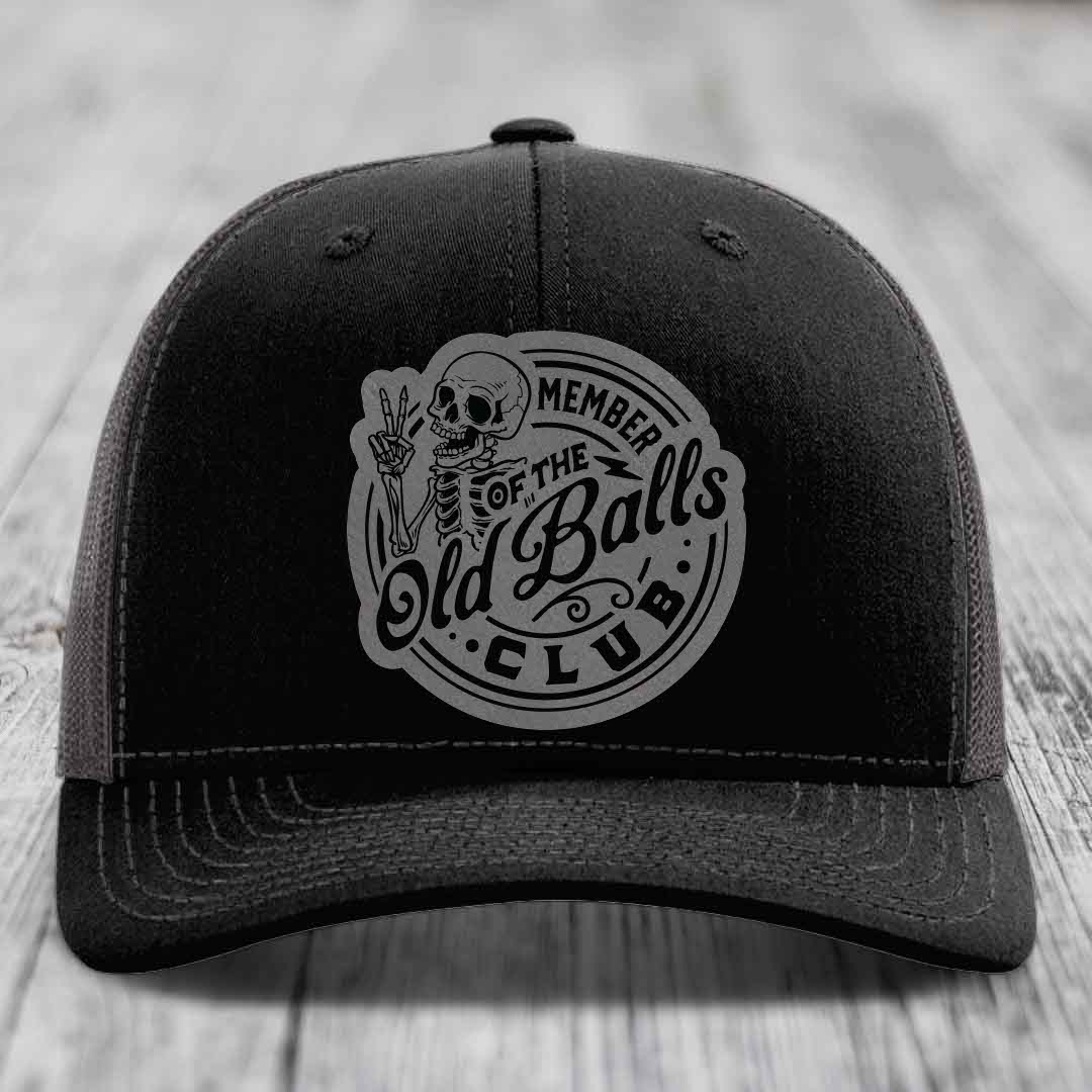 Member of the Old Balls Club - Leather Patch Hat - Grey to Black Patch - Richardson 112 Snapback Trucker Hat