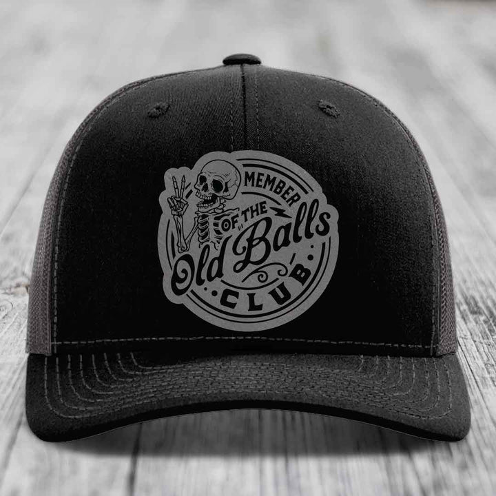 Member of the Old Balls Club - Leather Patch Hat - Grey to Black Patch - Richardson 112 Snapback Trucker Hat