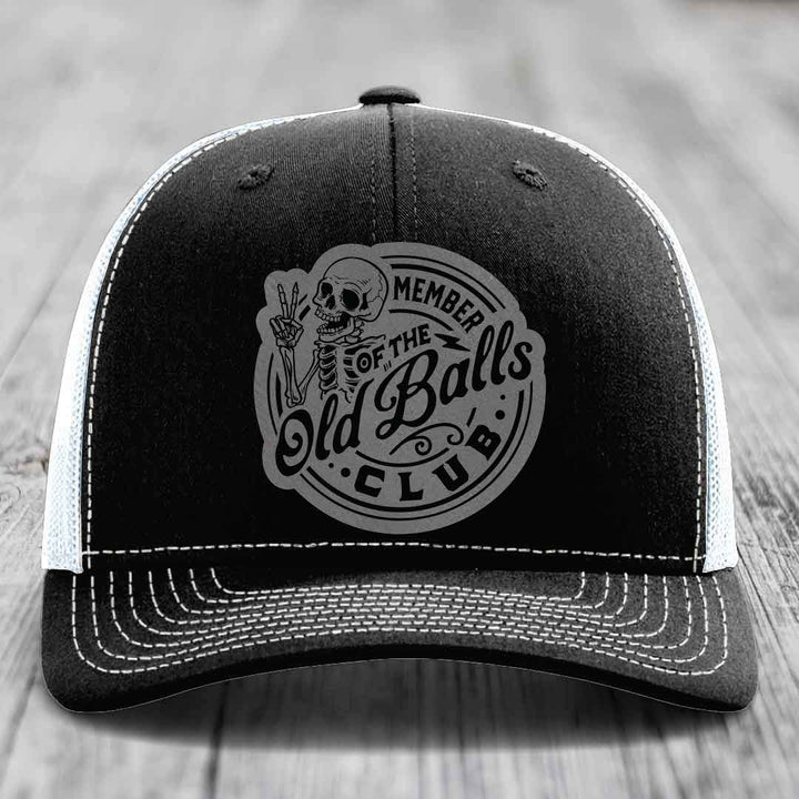 Member of the Old Balls Club - Leather Patch Hat - Grey to Black Patch - Richardson 112 Snapback Trucker Hat