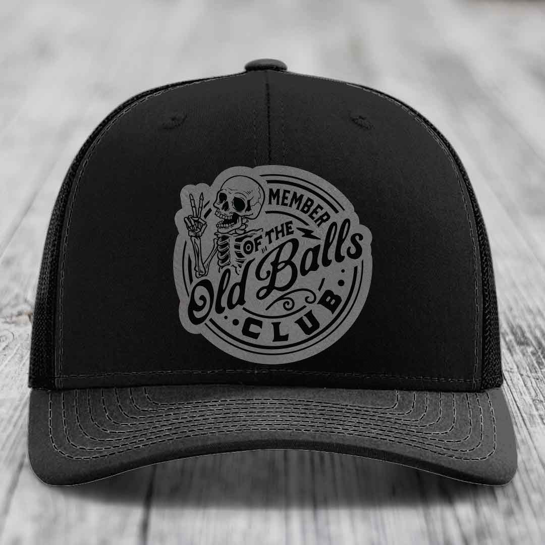 Member of the Old Balls Club - Leather Patch Hat - Grey to Black Patch - Richardson 112 Snapback Trucker Hat