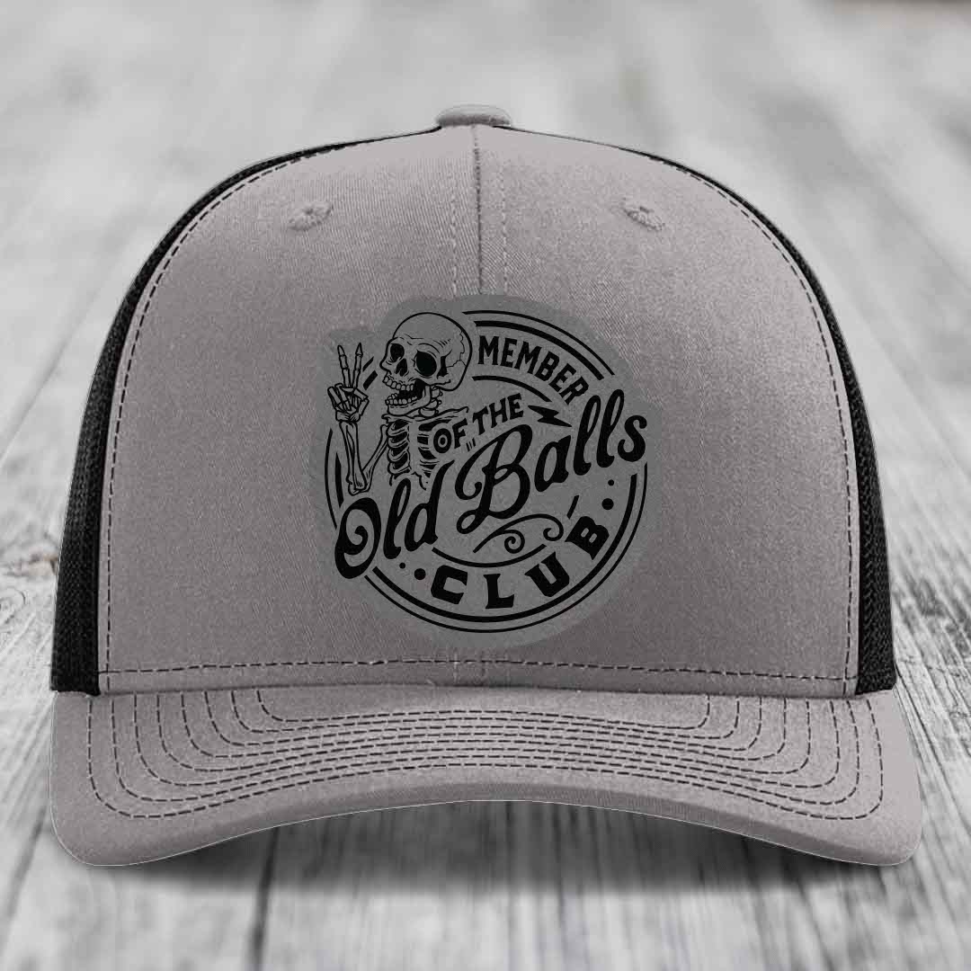 Member of the Old Balls Club - Leather Patch Hat - Grey to Black Patch - Richardson 112 Snapback Trucker Hat