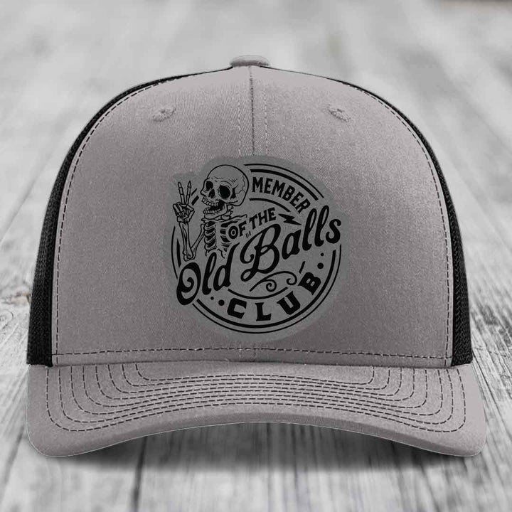 Member of the Old Balls Club - Leather Patch Hat - Grey to Black Patch - Richardson 112 Snapback Trucker Hat