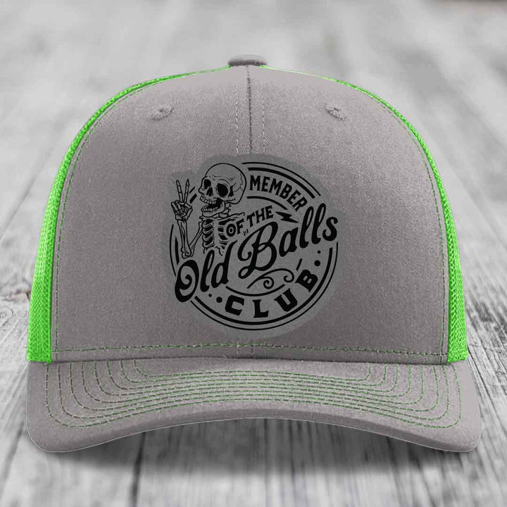 Member of the Old Balls Club - Leather Patch Hat - Grey to Black Patch - Richardson 112 Snapback Trucker Hat