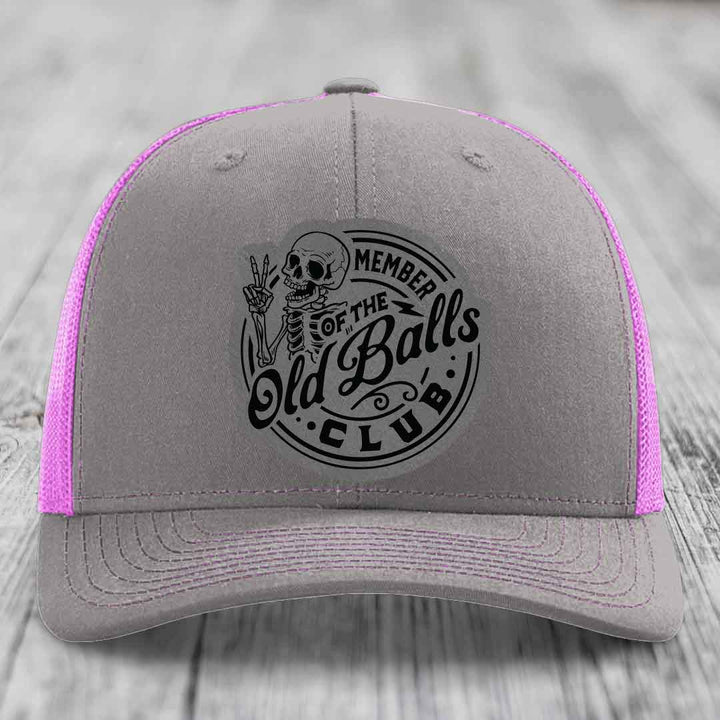 Member of the Old Balls Club - Leather Patch Hat - Grey to Black Patch - Richardson 112 Snapback Trucker Hat