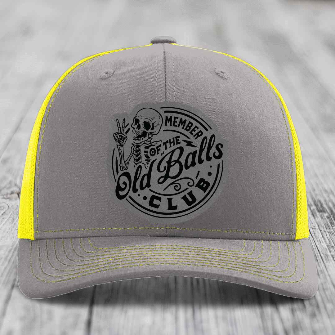 Member of the Old Balls Club - Leather Patch Hat - Grey to Black Patch - Richardson 112 Snapback Trucker Hat