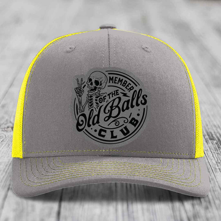 Member of the Old Balls Club - Leather Patch Hat - Grey to Black Patch - Richardson 112 Snapback Trucker Hat