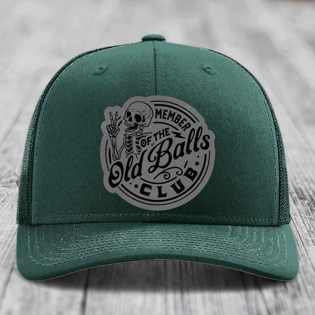 Member of the Old Balls Club - Leather Patch Hat - Grey to Black Patch - Richardson 112 Snapback Trucker Hat