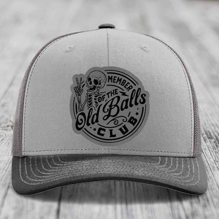 Member of the Old Balls Club - Leather Patch Hat - Grey to Black Patch - Richardson 112 Snapback Trucker Hat