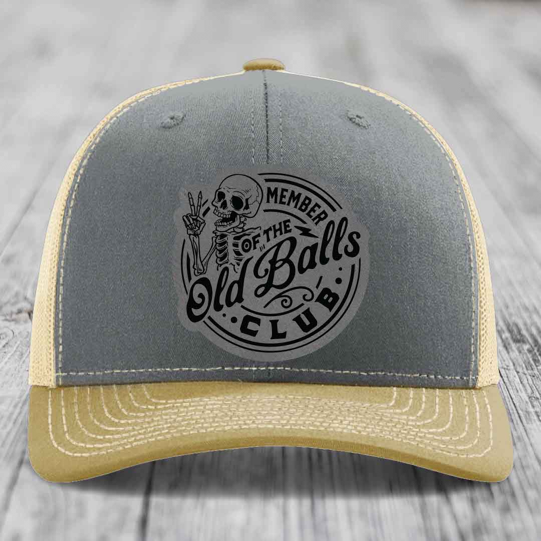Member of the Old Balls Club - Leather Patch Hat - Grey to Black Patch - Richardson 112 Snapback Trucker Hat