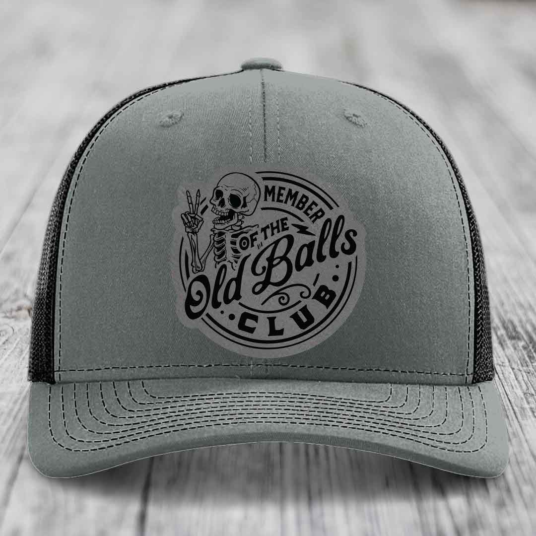 Member of the Old Balls Club - Leather Patch Hat - Grey to Black Patch - Richardson 112 Snapback Trucker Hat