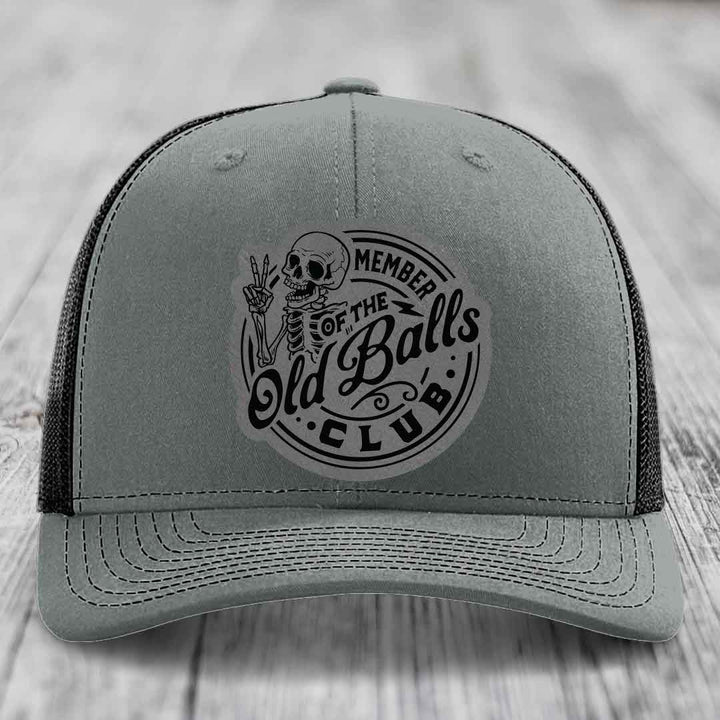 Member of the Old Balls Club - Leather Patch Hat - Grey to Black Patch - Richardson 112 Snapback Trucker Hat