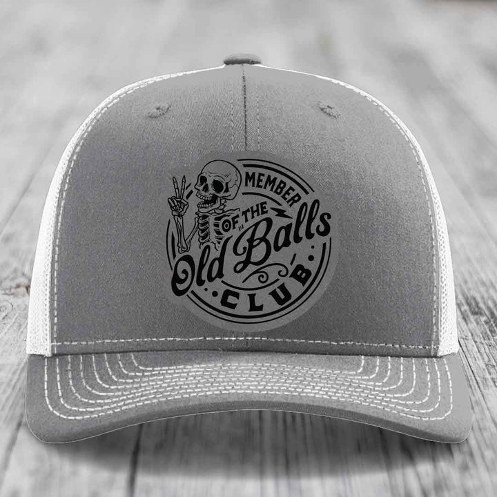 Member of the Old Balls Club - Leather Patch Hat - Grey to Black Patch - Richardson 112 Snapback Trucker Hat