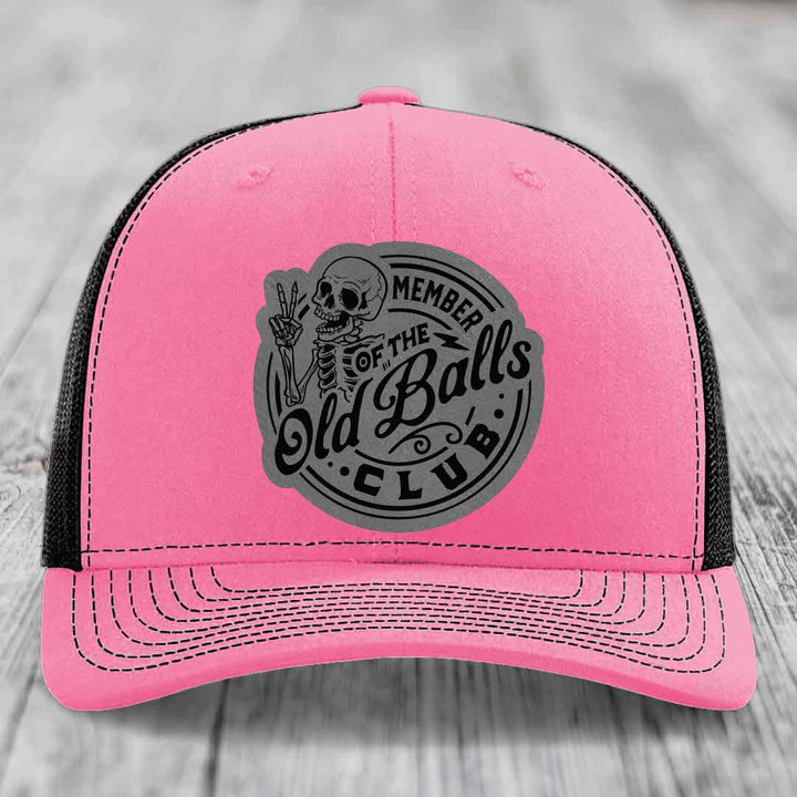 Member of the Old Balls Club - Leather Patch Hat - Grey to Black Patch - Richardson 112 Snapback Trucker Hat
