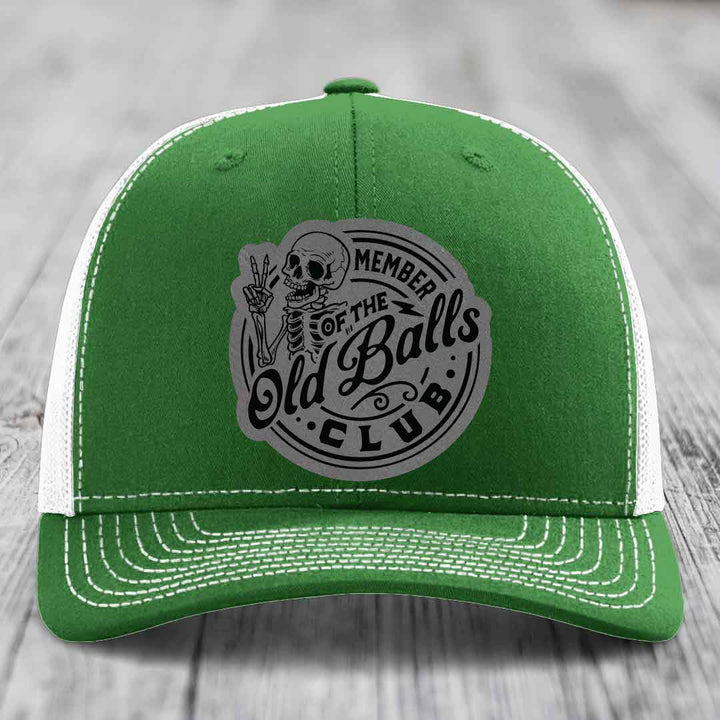 Member of the Old Balls Club - Leather Patch Hat - Grey to Black Patch - Richardson 112 Snapback Trucker Hat