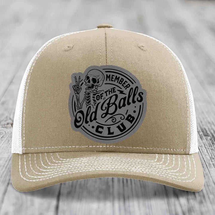 Member of the Old Balls Club - Leather Patch Hat - Grey to Black Patch - Richardson 112 Snapback Trucker Hat