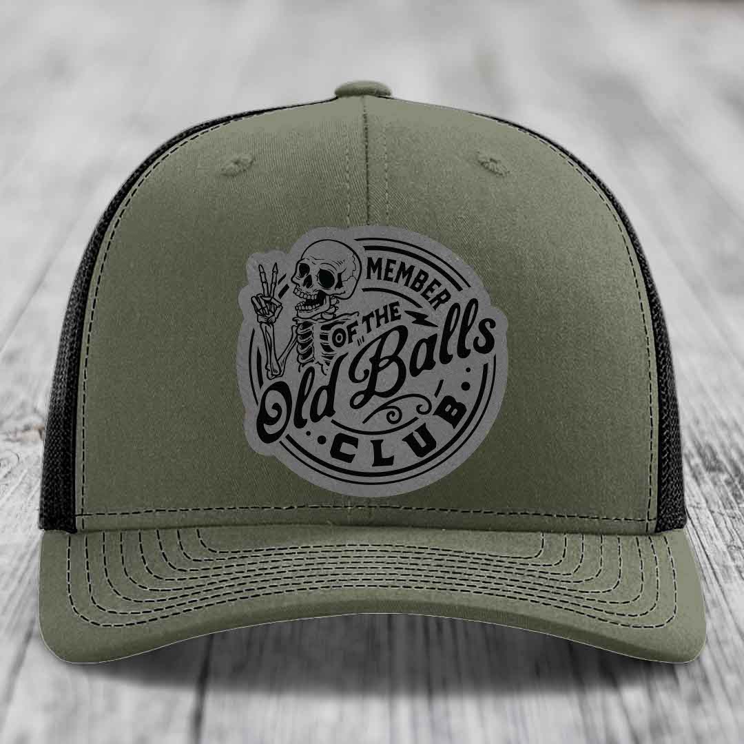 Member of the Old Balls Club - Leather Patch Hat - Grey to Black Patch - Richardson 112 Snapback Trucker Hat