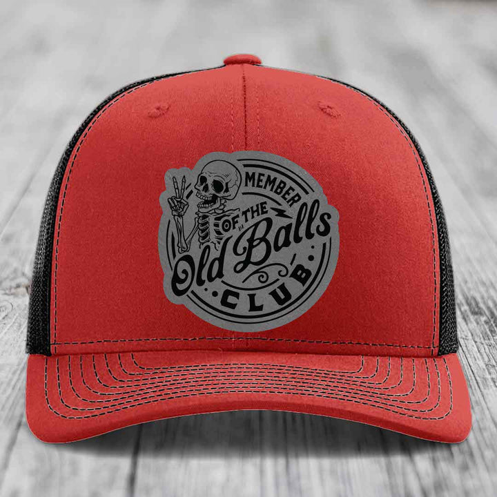 Member of the Old Balls Club - Leather Patch Hat - Grey to Black Patch - Richardson 112 Snapback Trucker Hat