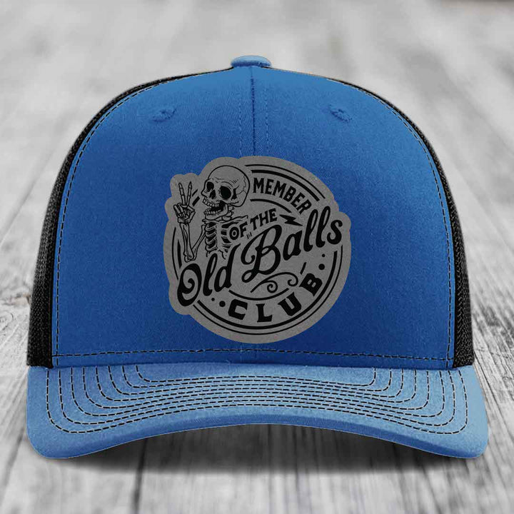 Member of the Old Balls Club - Leather Patch Hat - Grey to Black Patch - Richardson 112 Snapback Trucker Hat