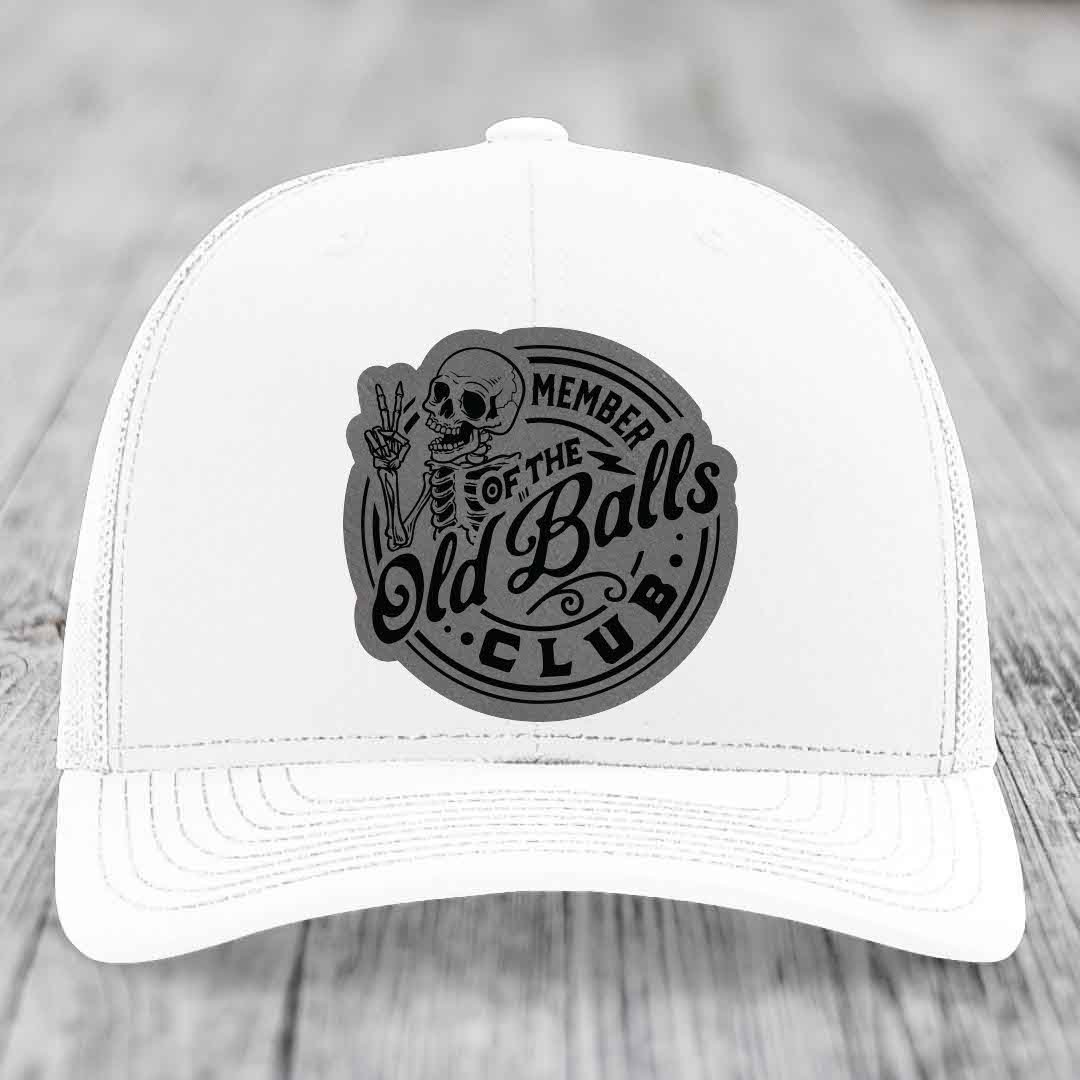Member of the Old Balls Club - Leather Patch Hat - Grey to Black Patch - Richardson 112 Snapback Trucker Hat