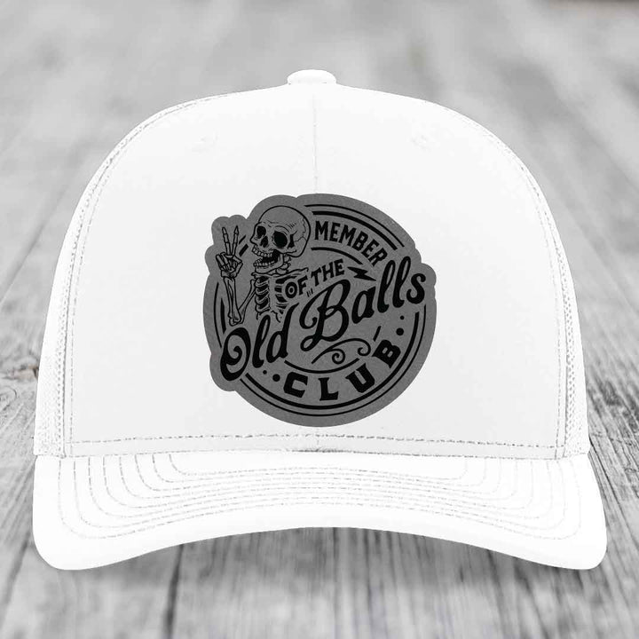Member of the Old Balls Club - Leather Patch Hat - Grey to Black Patch - Richardson 112 Snapback Trucker Hat