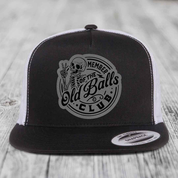 Member of the Old Balls Club - Leather Patch Hat - Grey to Black Patch - Yupoong 6006 Snapback Flatbill Hat