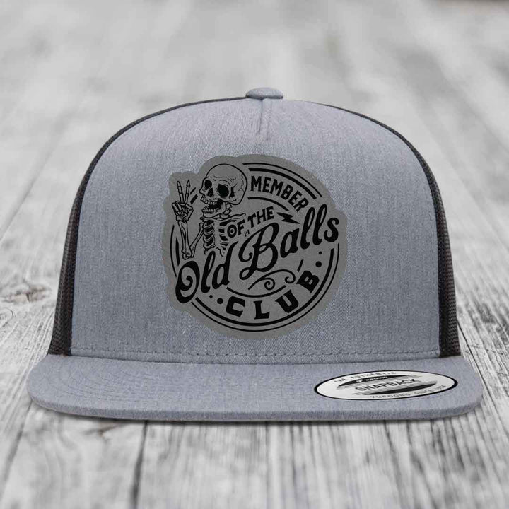 Member of the Old Balls Club - Leather Patch Hat - Grey to Black Patch - Yupoong 6006 Snapback Flatbill Hat
