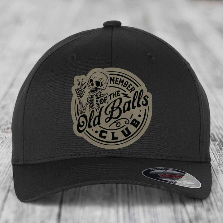 Member of the Old Balls Club - Leather Patch Hat - Light Brown to Black Patch - Flexfit 6277 Fitted Hat