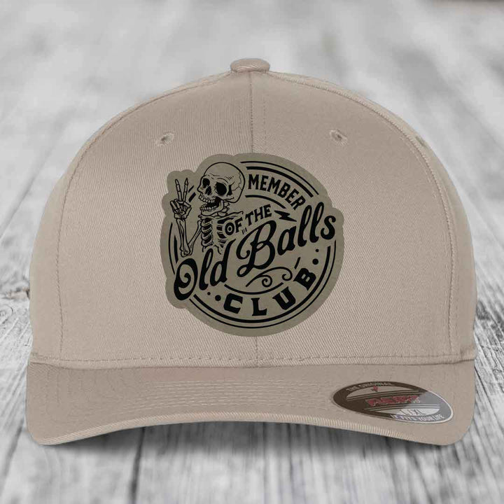 Member of the Old Balls Club - Leather Patch Hat - Light Brown to Black Patch - Flexfit 6277 Fitted Hat