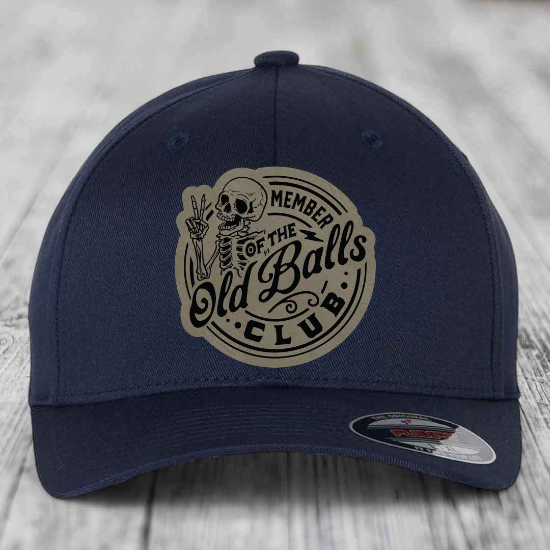 Member of the Old Balls Club - Leather Patch Hat - Light Brown to Black Patch - Flexfit 6277 Fitted Hat