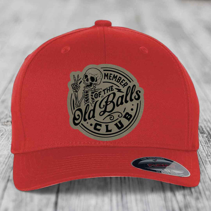 Member of the Old Balls Club - Leather Patch Hat - Light Brown to Black Patch - Flexfit 6277 Fitted Hat