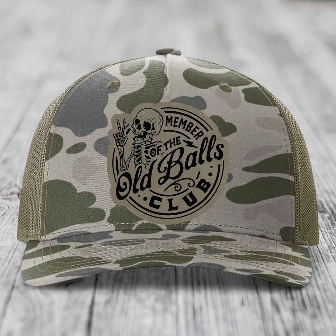 Member of the Old Balls Club - Leather Patch Hat - Light Brown to Black Patch - Richardson 112PFP Snapback Trucker Hat