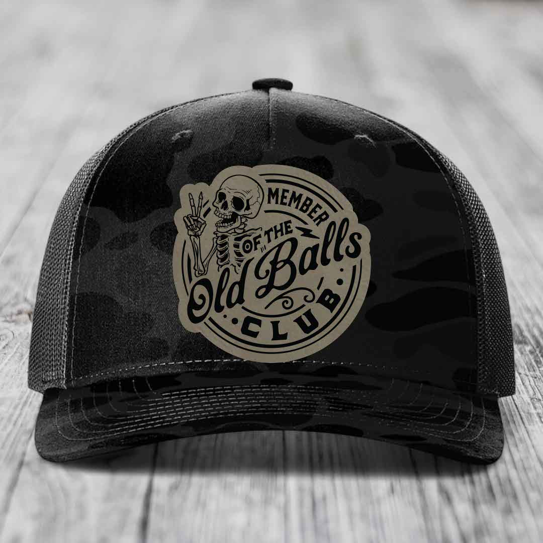 Member of the Old Balls Club - Leather Patch Hat - Light Brown to Black Patch - Richardson 112PFP Snapback Trucker Hat