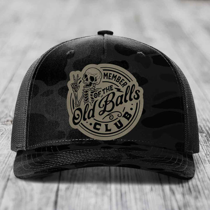 Member of the Old Balls Club - Leather Patch Hat - Light Brown to Black Patch - Richardson 112PFP Snapback Trucker Hat