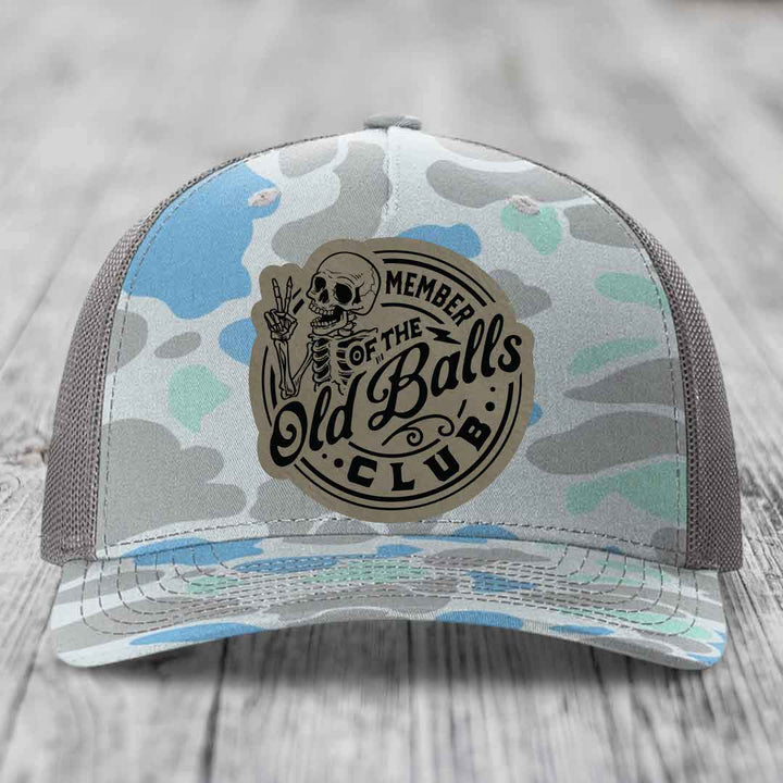 Member of the Old Balls Club - Leather Patch Hat - Light Brown to Black Patch - Richardson 112PFP Snapback Trucker Hat