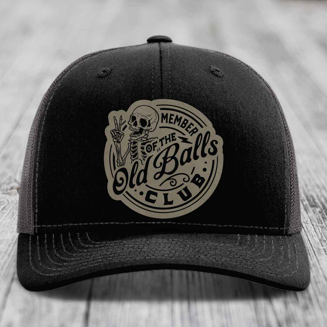 Member of the Old Balls Club - Leather Patch Hat - Light Brown to Black Patch - Richardson 112 Snapback Trucker Hat