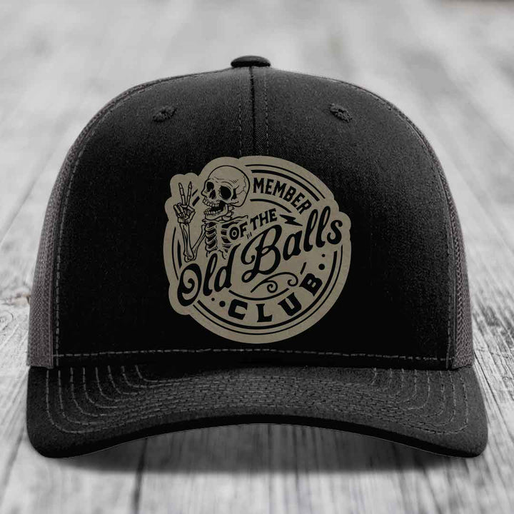 Member of the Old Balls Club - Leather Patch Hat - Light Brown to Black Patch - Richardson 112 Snapback Trucker Hat