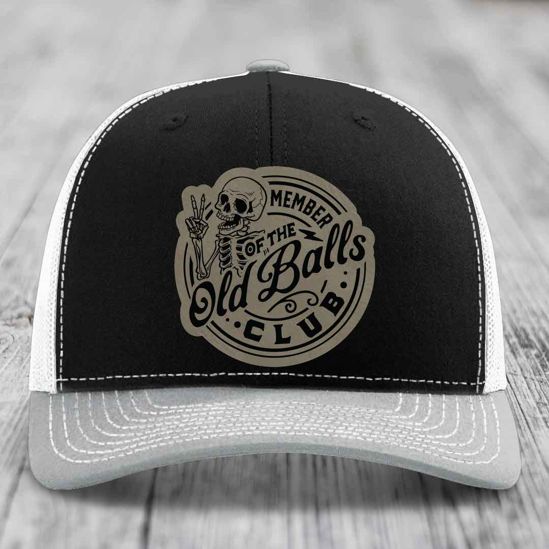 Member of the Old Balls Club - Leather Patch Hat - Light Brown to Black Patch - Richardson 112 Snapback Trucker Hat