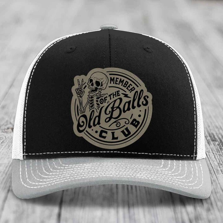 Member of the Old Balls Club - Leather Patch Hat - Light Brown to Black Patch - Richardson 112 Snapback Trucker Hat