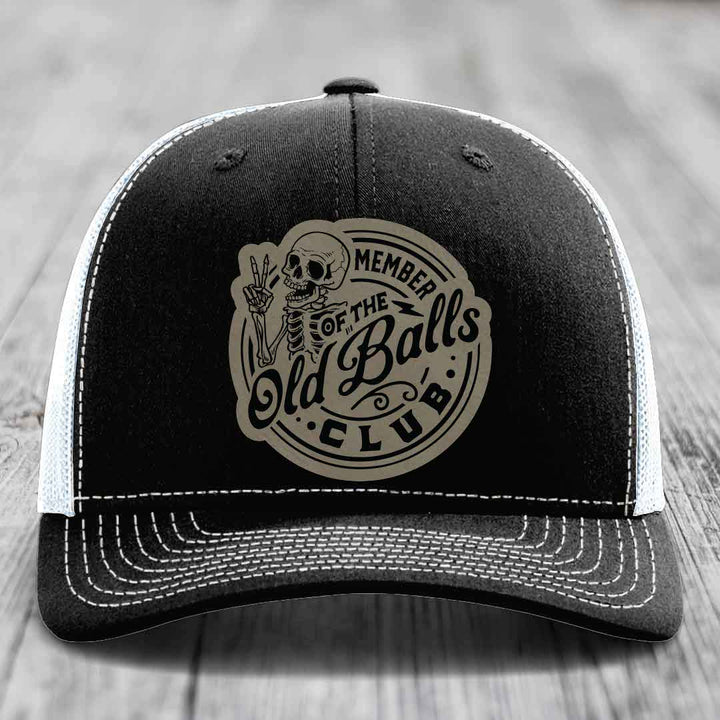 Member of the Old Balls Club - Leather Patch Hat - Light Brown to Black Patch - Richardson 112 Snapback Trucker Hat