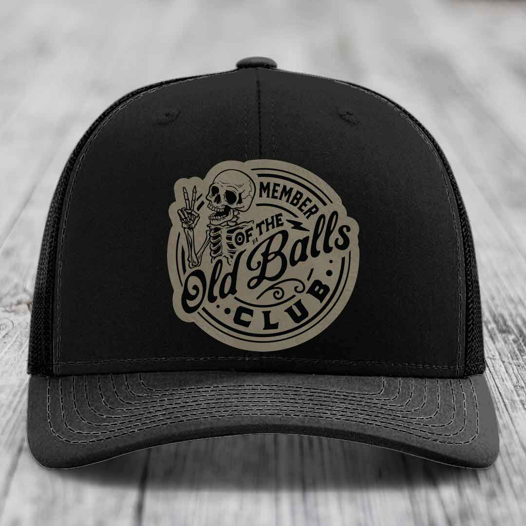 Member of the Old Balls Club - Leather Patch Hat - Light Brown to Black Patch - Richardson 112 Snapback Trucker Hat