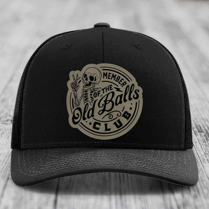 Member of the Old Balls Club - Leather Patch Hat - Light Brown to Black Patch - Richardson 112 Snapback Trucker Hat