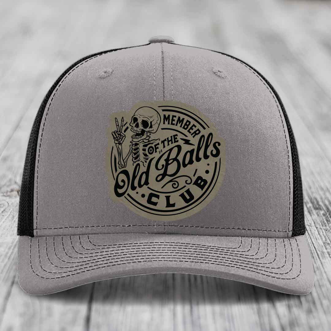Member of the Old Balls Club - Leather Patch Hat - Light Brown to Black Patch - Richardson 112 Snapback Trucker Hat