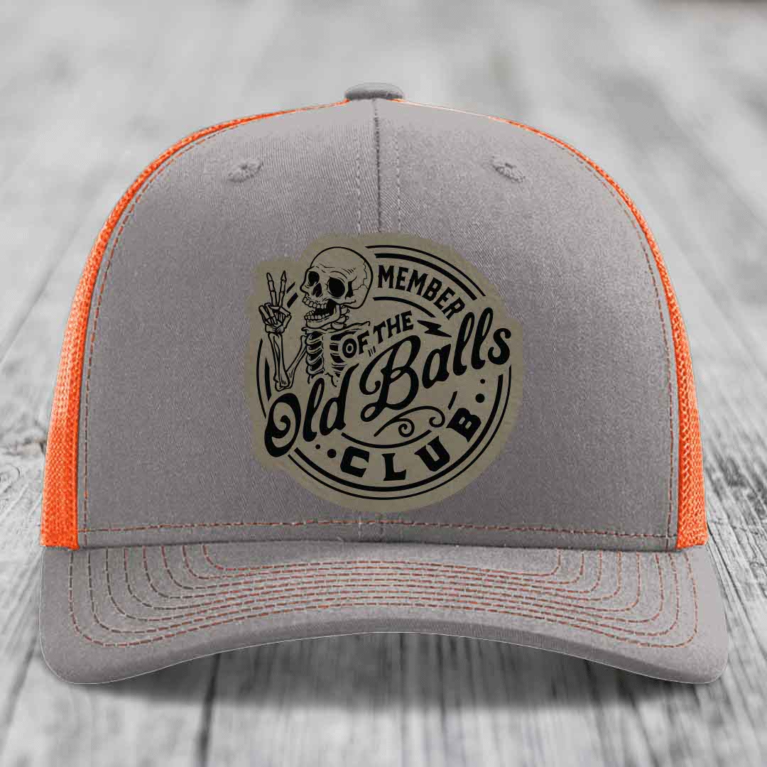Member of the Old Balls Club - Leather Patch Hat - Light Brown to Black Patch - Richardson 112 Snapback Trucker Hat