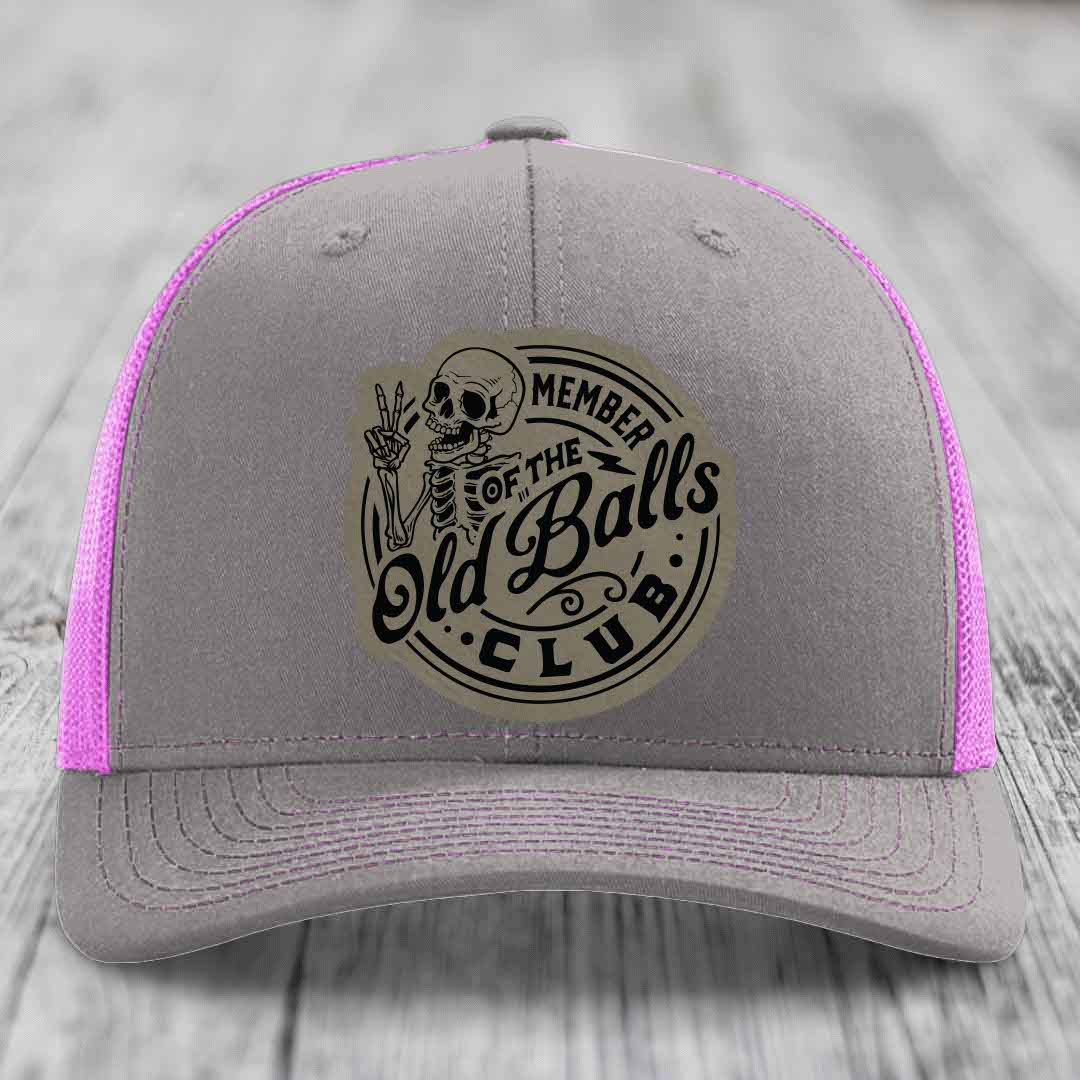 Member of the Old Balls Club - Leather Patch Hat - Light Brown to Black Patch - Richardson 112 Snapback Trucker Hat