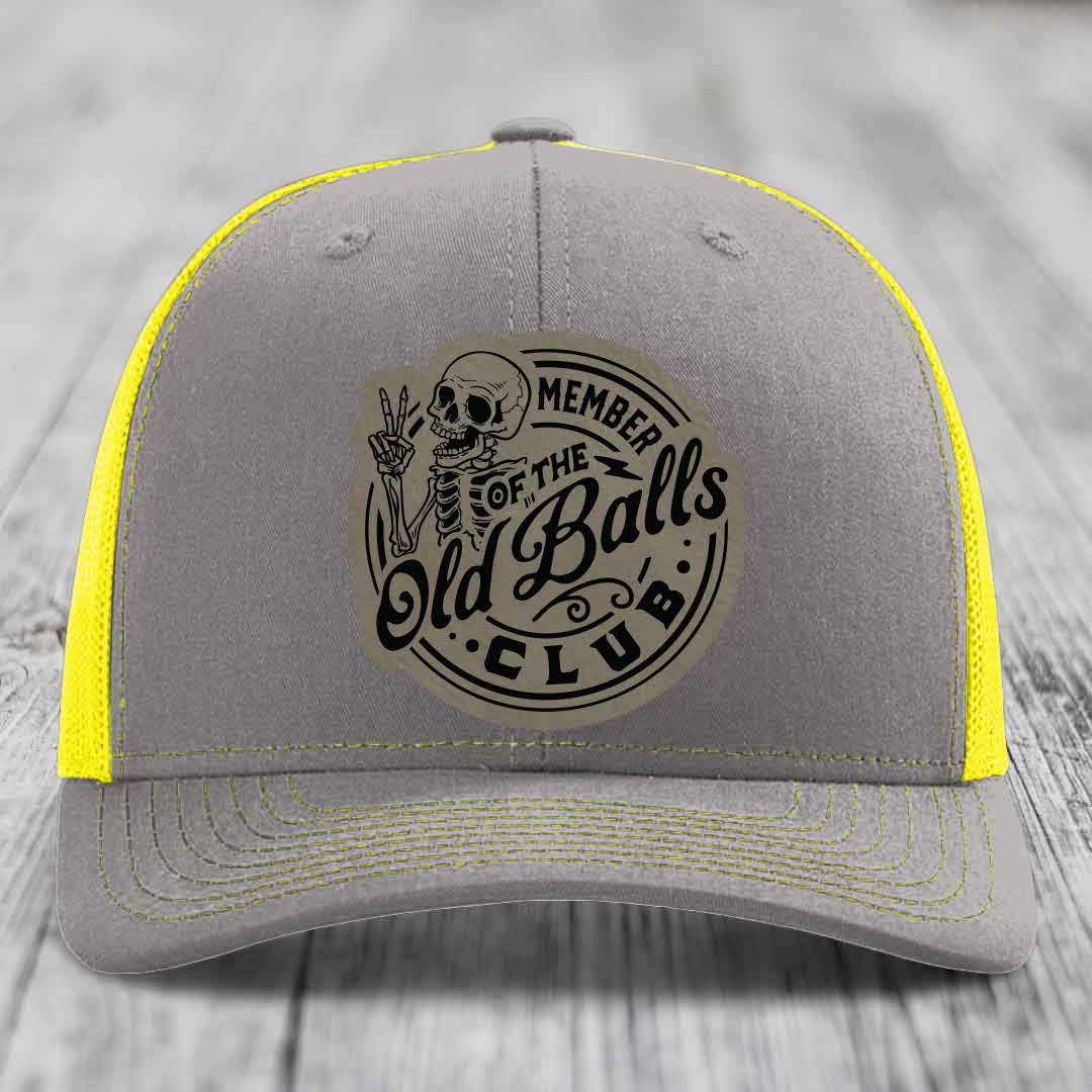 Member of the Old Balls Club - Leather Patch Hat - Light Brown to Black Patch - Richardson 112 Snapback Trucker Hat